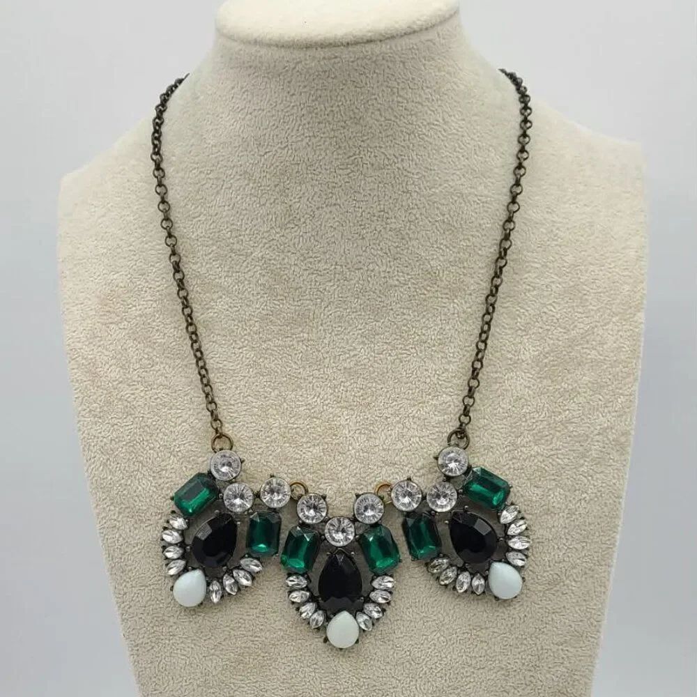 J Crew Emerald Green Crystal Clear Crystal Black Chain Necklace